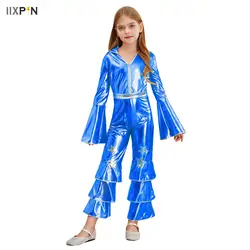 Girls 1970s Disco Retro Cosplay Costume Kids Disco Jazz Dance Bodysuit Long Flare Sleeve Bell Bottom Zipper Unitards Jumpsuit