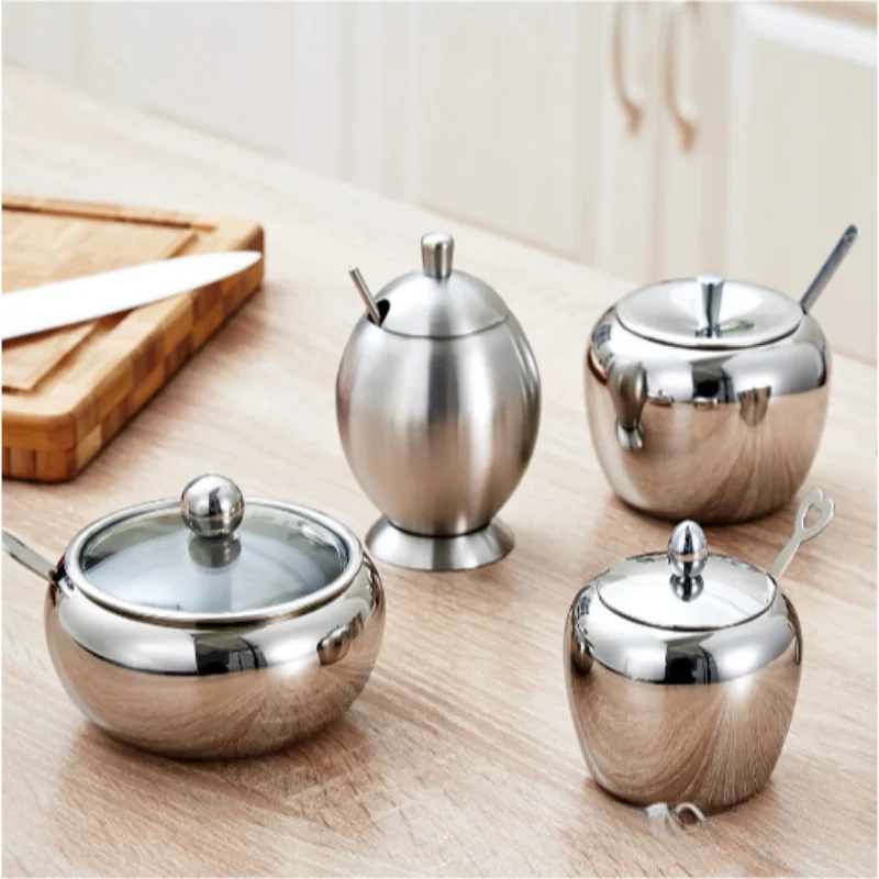 Stainless Steel Sugar Bowl Sanded Seasoning Condiment Pot Spice Salt Sugar Pepper Jar with Cover and Spoon Kitchen Gadgets WY720