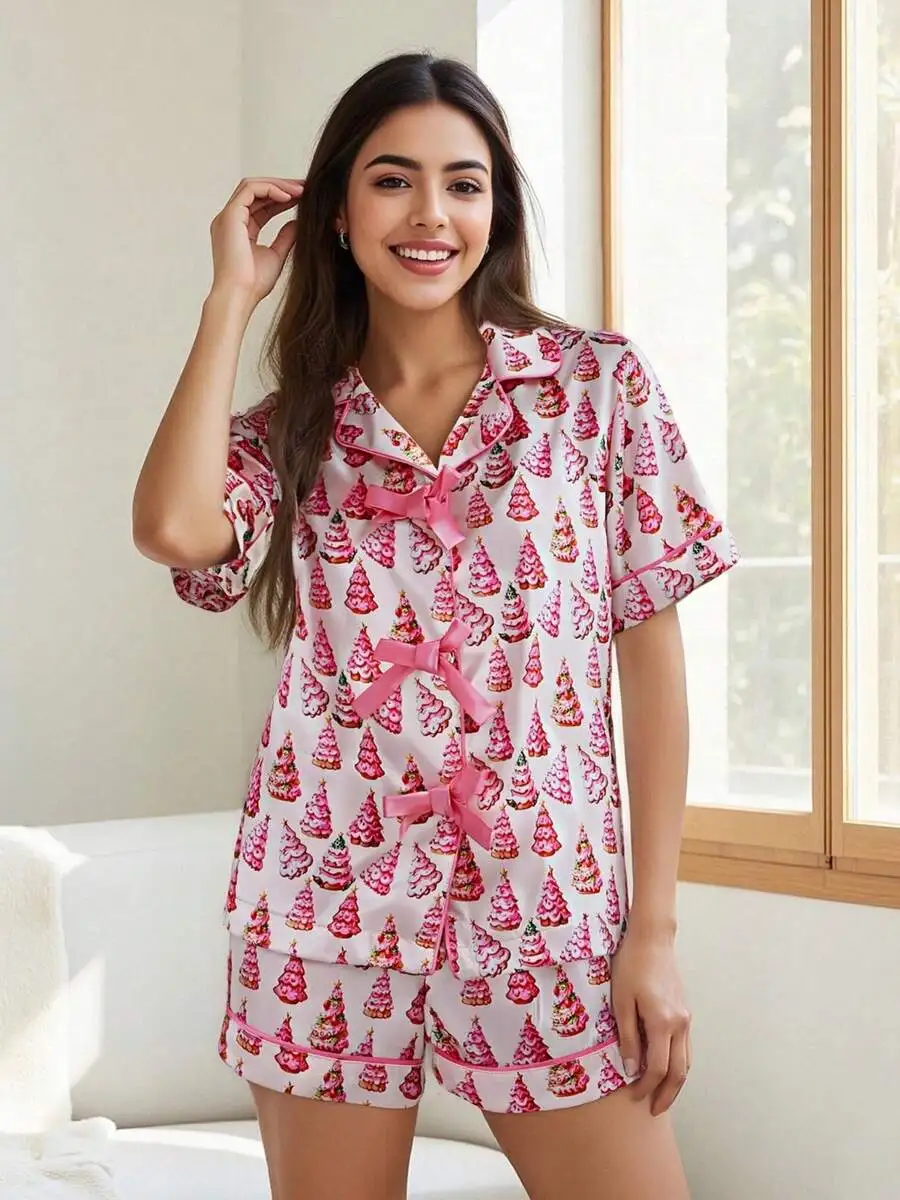 

Christmas Tree Print Women Pajama Set With Bow Lapel V-Neck Short Sleeve Top And Shorts