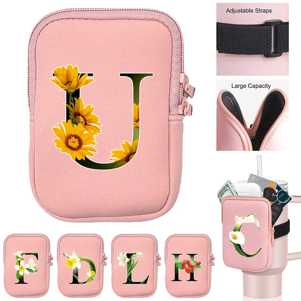 Water Bottle Pouch Water Cup Bags Multifunctional Double Zipper Key Fitness Card Small Item Flower Color Series Storage Bag