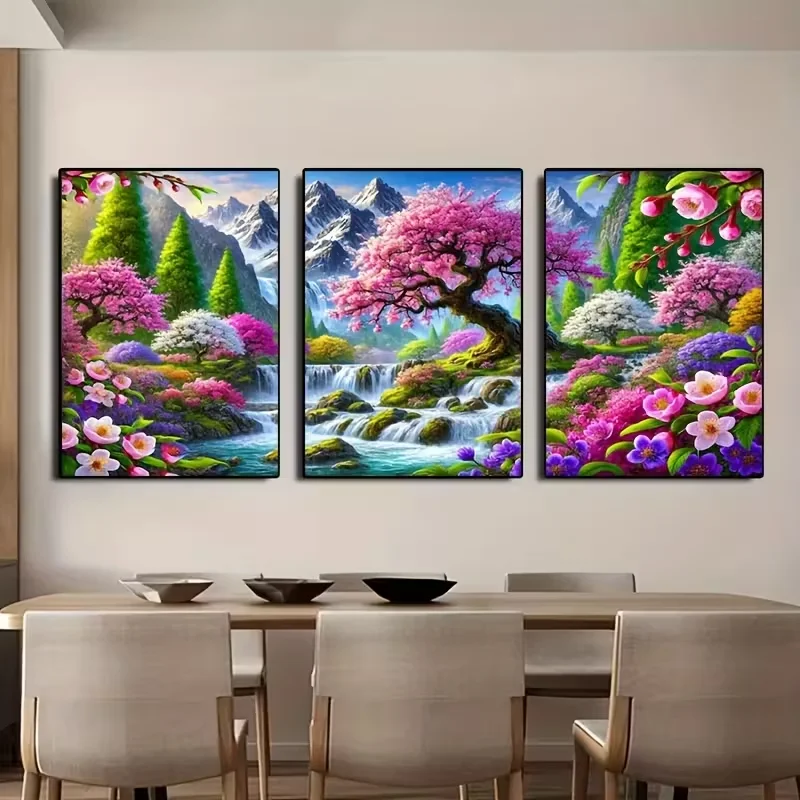 

Triptych Diamond Art Mosaic Pink Tree Mountain Waterfall Scenery Diamond Painting 3Pcs Pictures Of Rhinestones DIY Embroidery