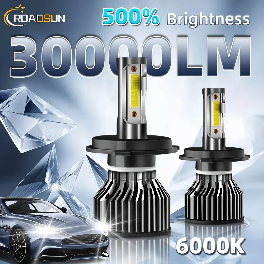 30000LM 200W H1 H7 H11 9005 9006 H4 9004 9007 H13 LED Headlight Bright 6500K White for Cars Plug & Play Silent Fan, Pack Of 2