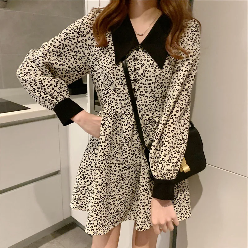 

Fashion Leopard Print Lapel Dress Women Summer Long Sleeve Cottagecore Mini Dress French Retro Sweet Girl All Match Streetwear