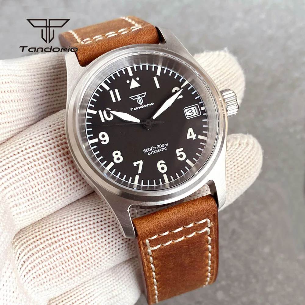 Tandorio Steel 36mm Pilot Men Automatic Watch Aviator Date NH35A Simple Dive Mechanical Field Wristatch 20BAR Luminous Leather