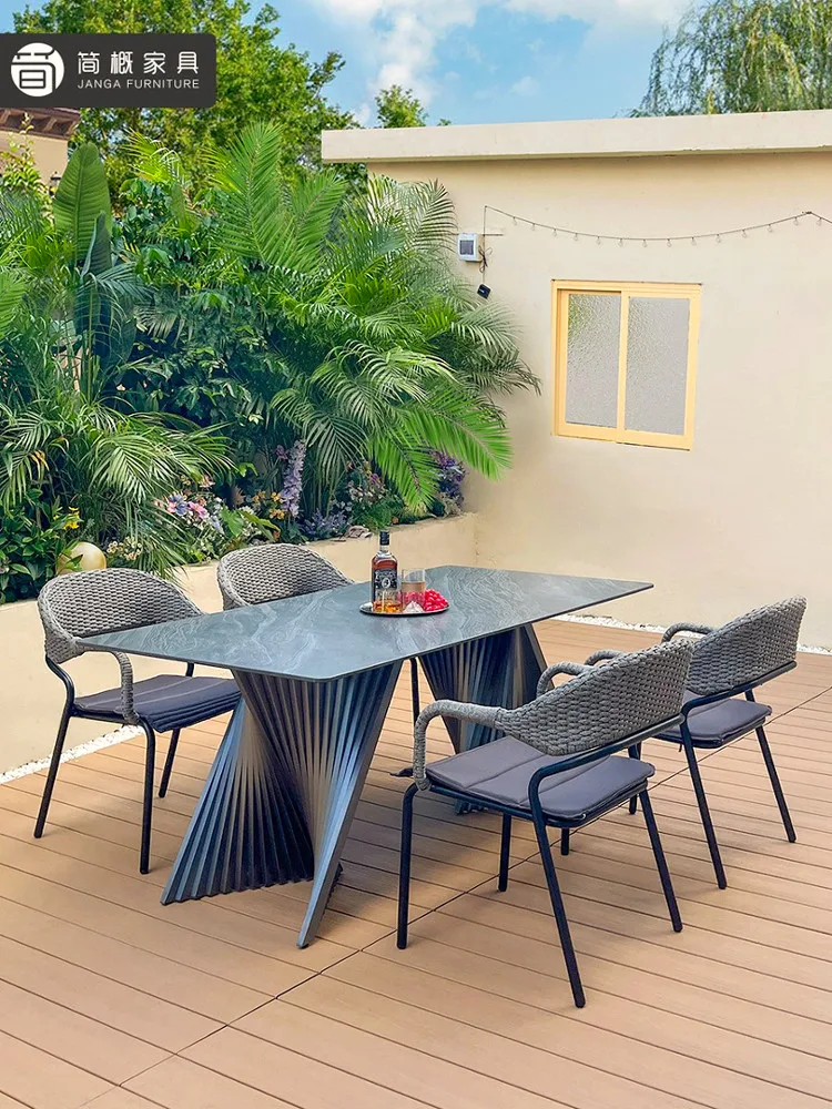 Modern rock slab living room courtyard long table balcony leisure rattan chair stainless steel table