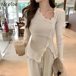 Neploe Sweet Fungus Edge Bottoming Shirt Women Split Irregular Knitting Tops Woman Long Sleeve Solid Color Sweater Shirts Female