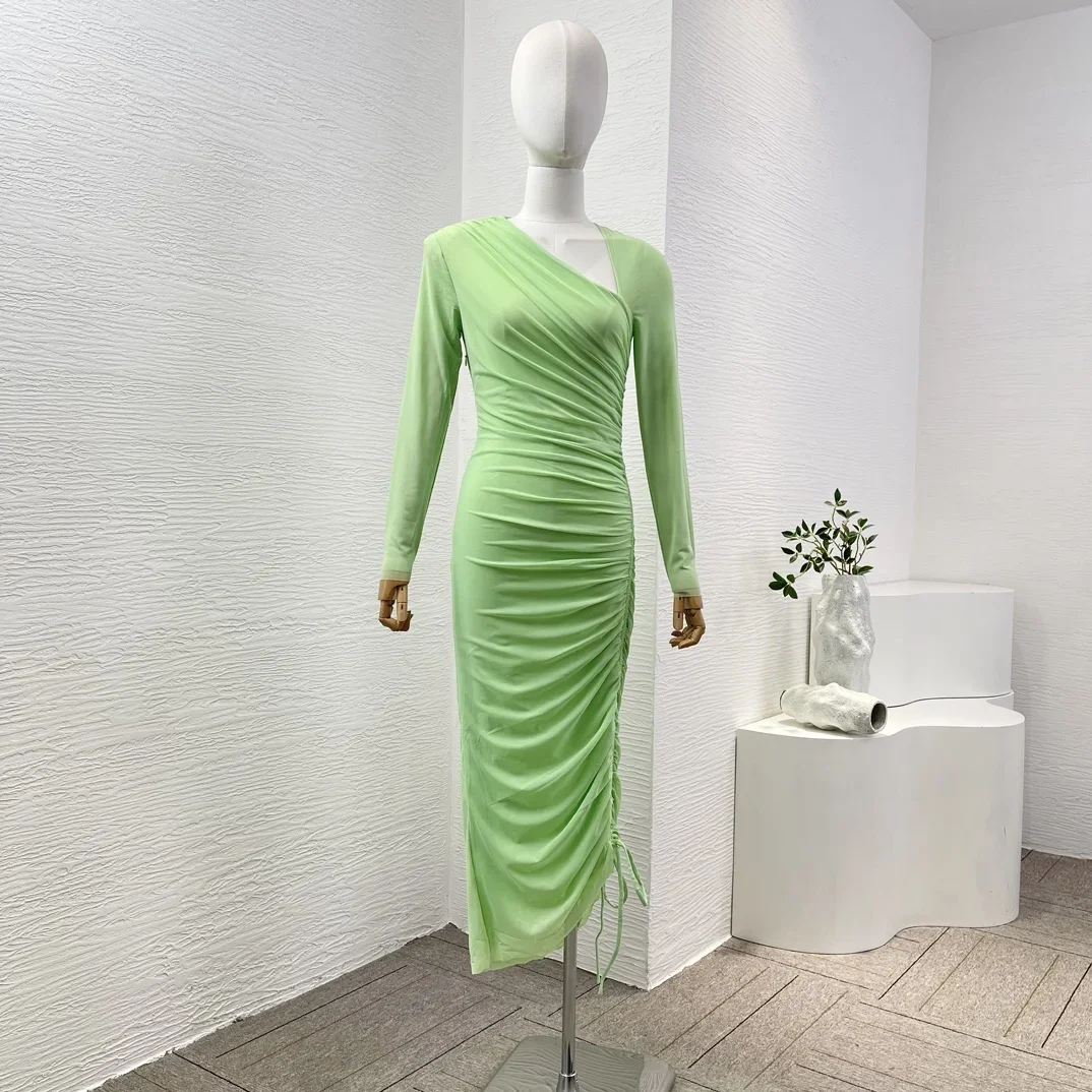 

Green Elegant Women Shirring Waist Drawstring Full Sleeve Irregular Collar Ruched Slim Fit High Quality Midi Dress