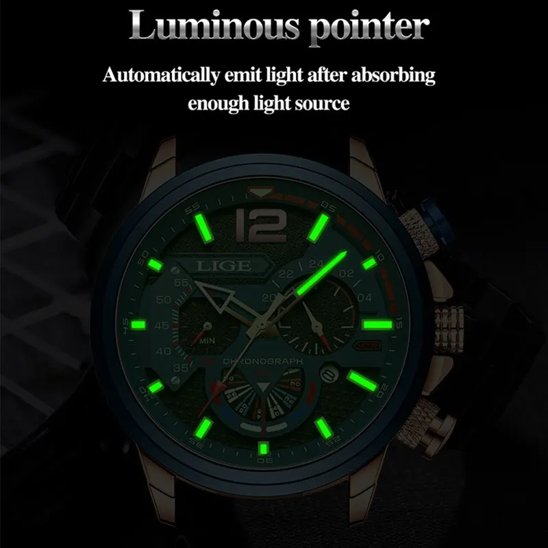 LIGE Fashion Watch Man Luxury Chronograph Sport Mens Watches Quartz Wristwatches Leather Male Waterproof Clock Relogio Masculino