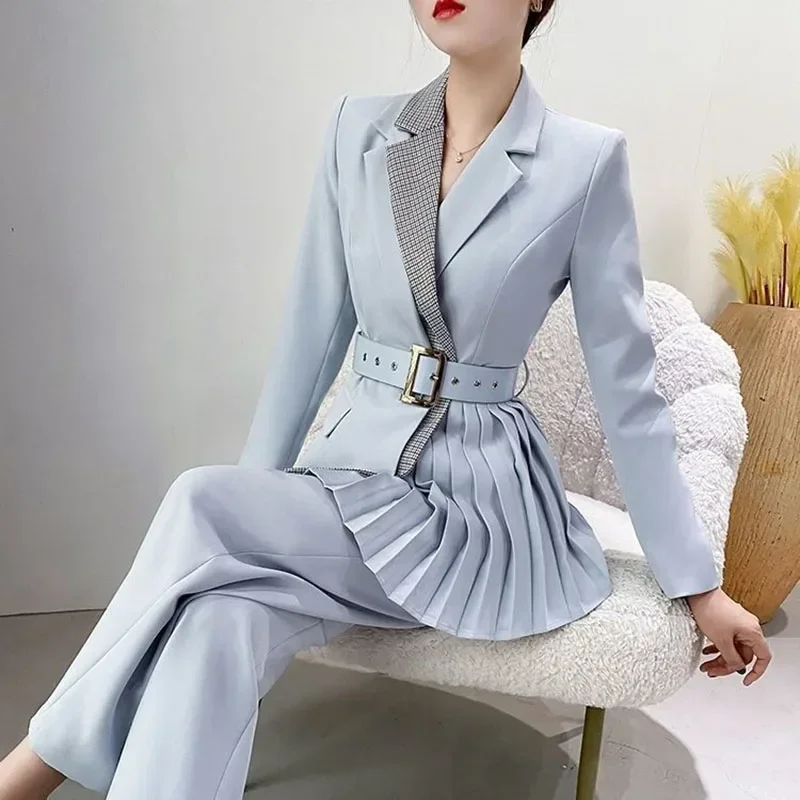 2024 Womens Pants Suit With Belt Ladies Evening Party Tuxedos Formal Work Wear Wedding Occasion Spring Autumn Blue 2 Pieces