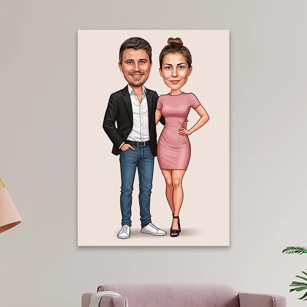 Póster personalizado de retrato de dibujos animados de pareja, impresiones de caricatura de pareja divertida personalizada, regalo para parejas, retrato familiar, lienzo artístico