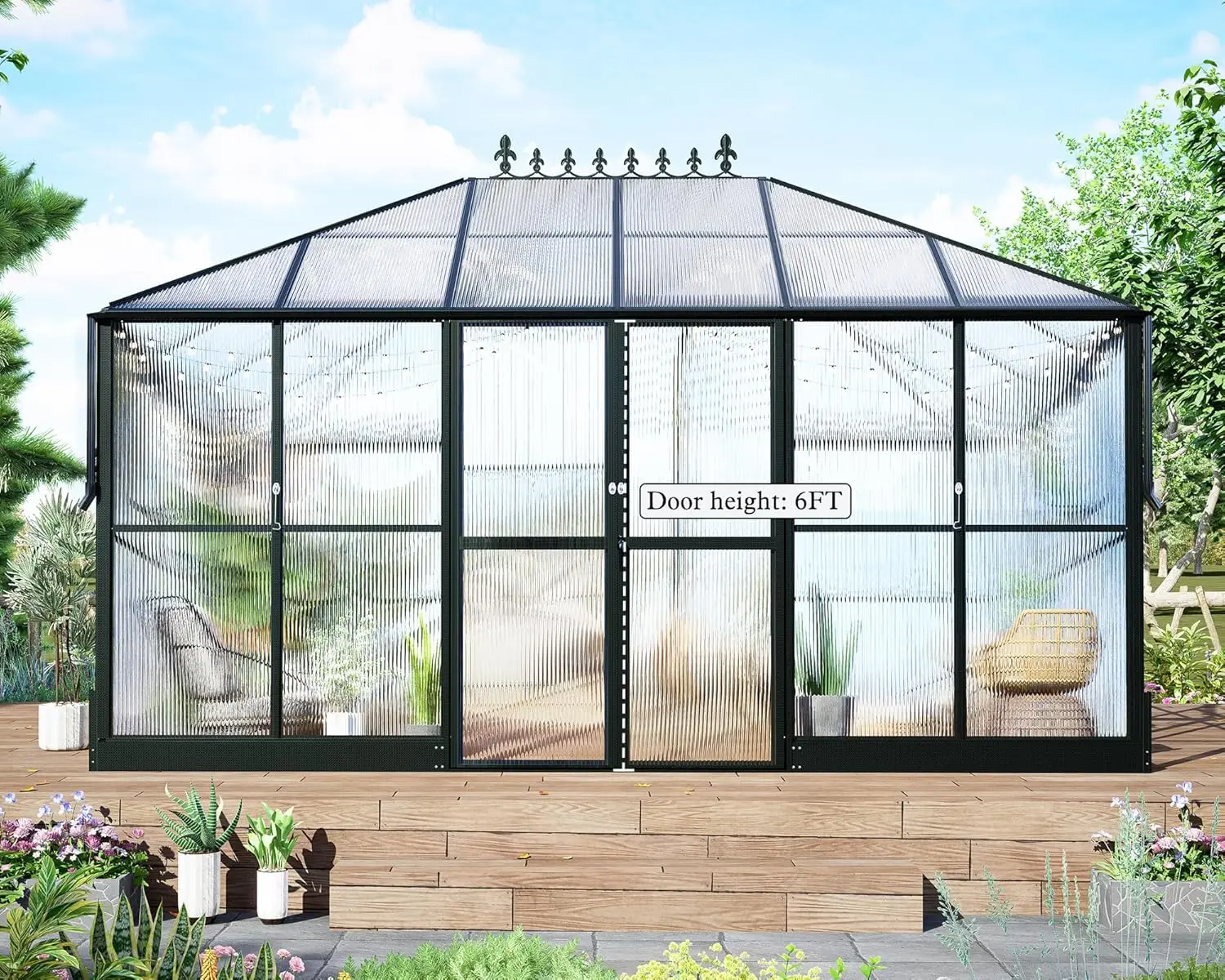 14x9.5x9 FT Polycarbonate Greenhouse with 2 Vents and Double Swing Doors 6FT Added Wall Height, Walk-in Large Winter