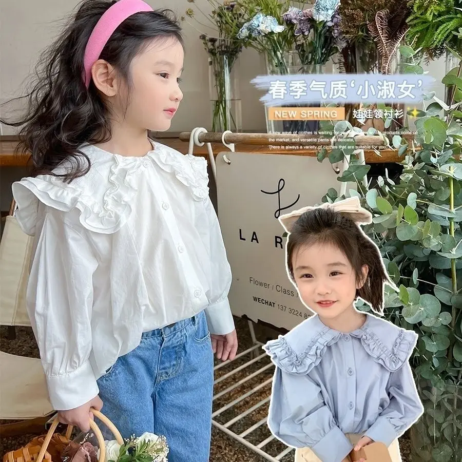 

2023, хлопковые рубашки для девочек, модные элегантные детские топы принцессы с большим воротником на день рождения, кардиганы, куртки, детская одежда