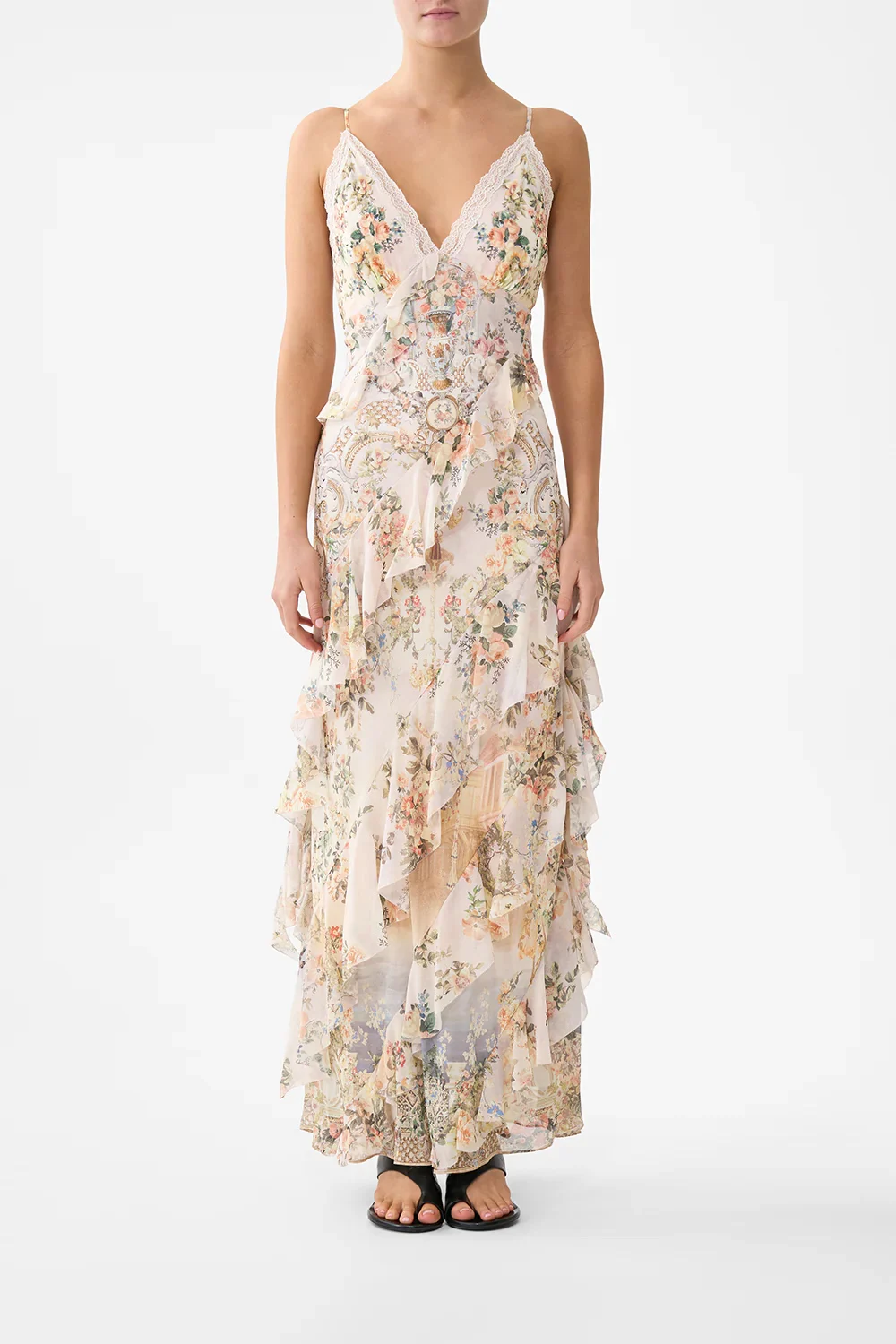 Senhoras babados em camadas estilingue robe renda bordado emendado com decote em v sem mangas cintura alta férias magro seda maxi vestido