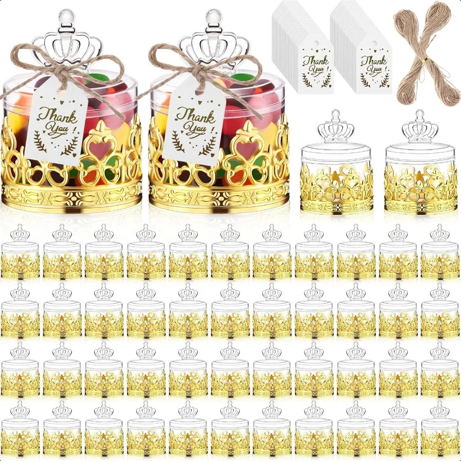 

60 Sets Mini Crown Candy Boxes with Thank You Tags and Twine Plastic Candy Containers Storage Boxes Decorative for Wedding Baby