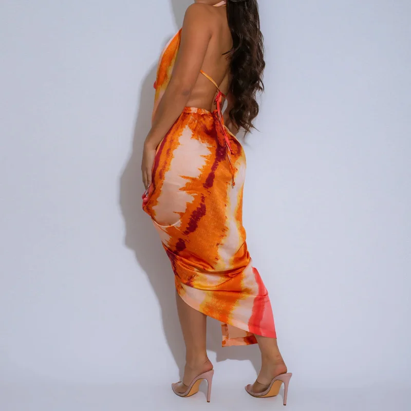 Slergiri 女性のスイング襟セクシーなハイスプリットプリントサテンドレス 2025 夏のナイトクラブパーティービーチネクタイバックレスロングドレス