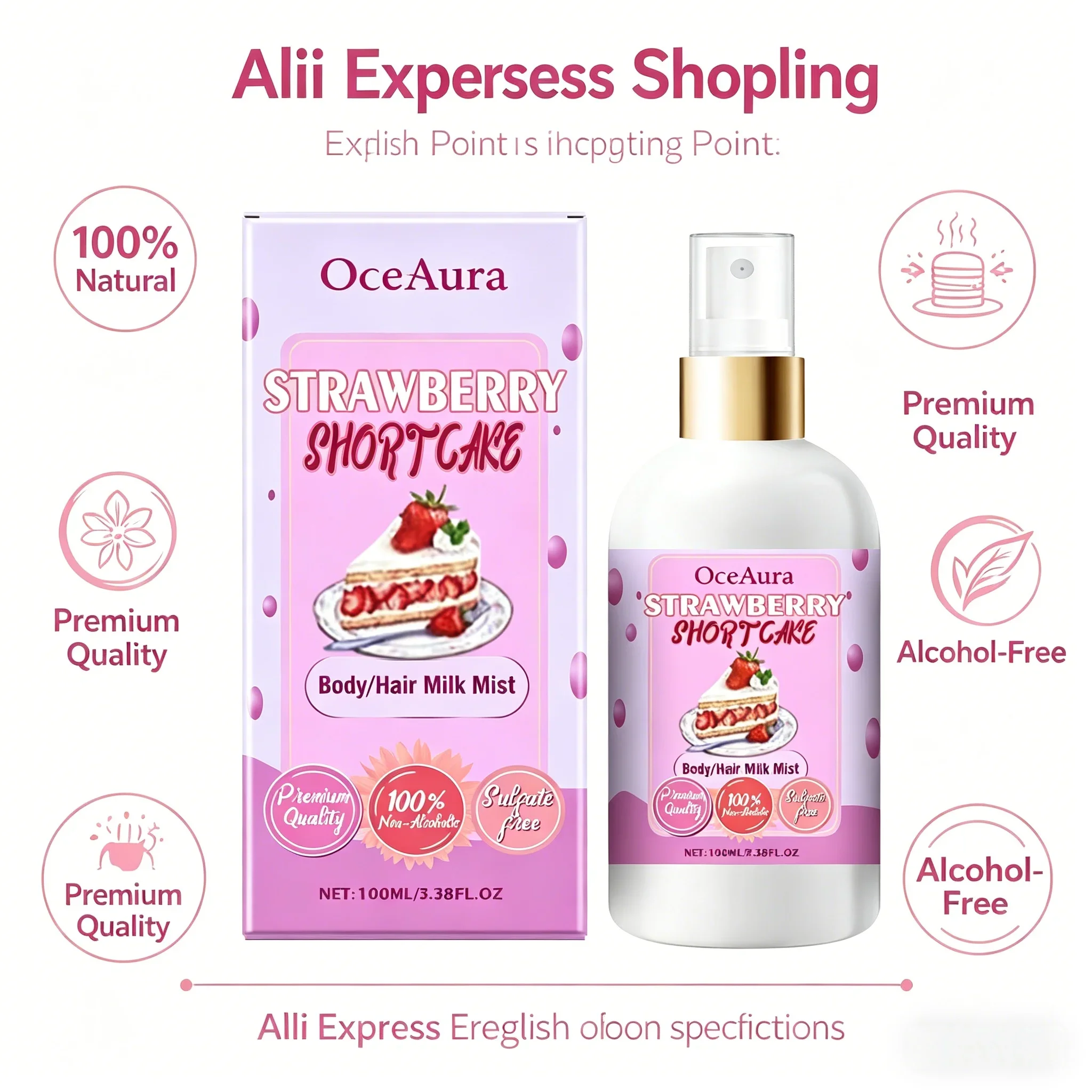 OceAura Strawberry Cake Body Mist, Moisturizing Refreshing Spray for Hair & Body, Mother's Day Gift Idea Sweet Scent