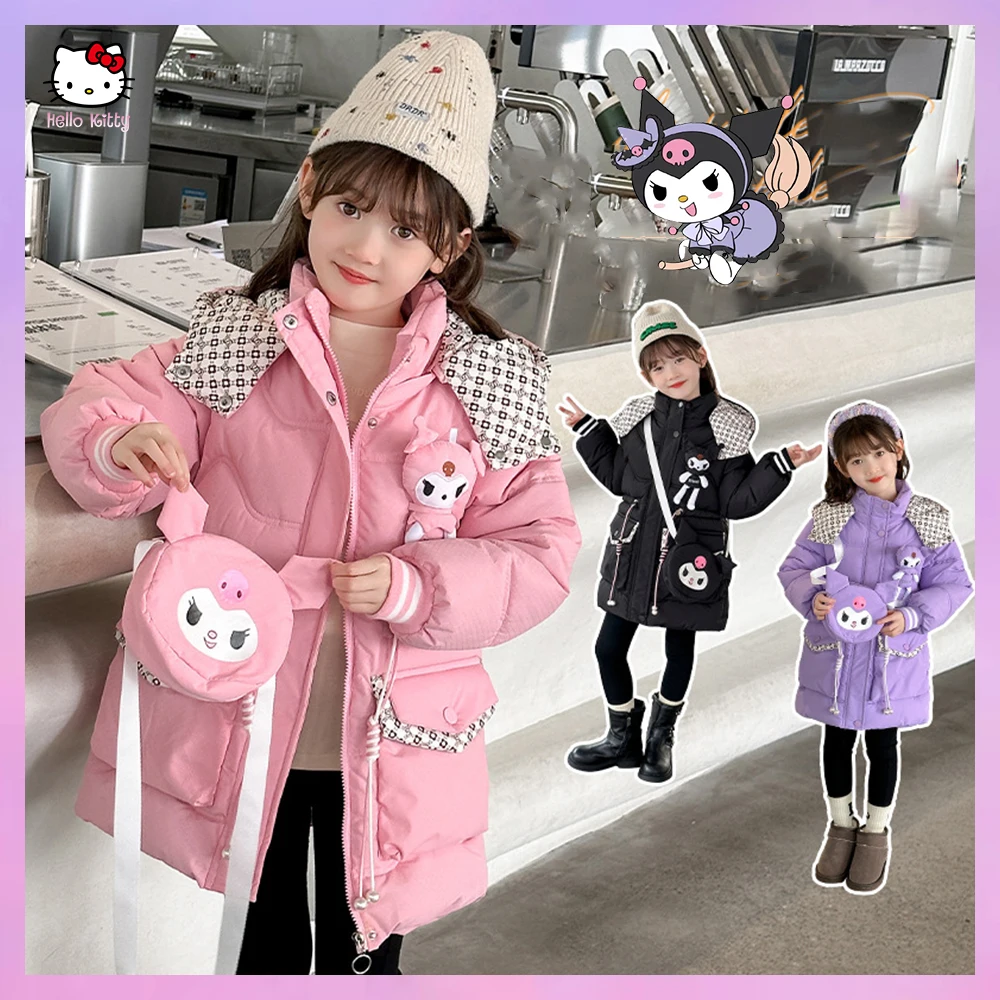 Kuromi Sanrioed Anime Girls Winter Cotton Coat New Korean Fashion Lengthening Down Cotton Coat Kids Jackets for Girls Clothing