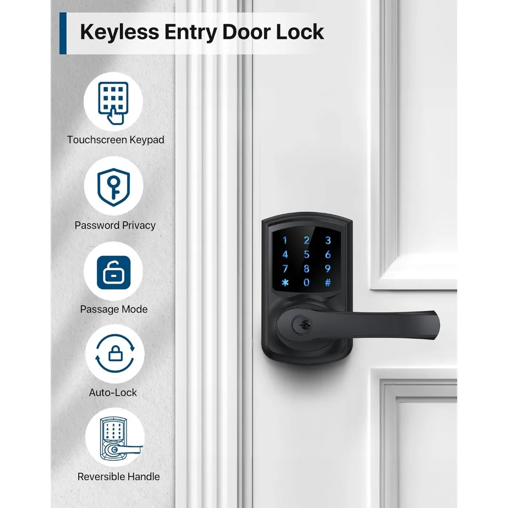 Keyless Entry Door Lock with Keypad and Handle for Front Doors, Touchscreen, Anti-peep Password, Auto-Locking, Matte Black 4 Pac
