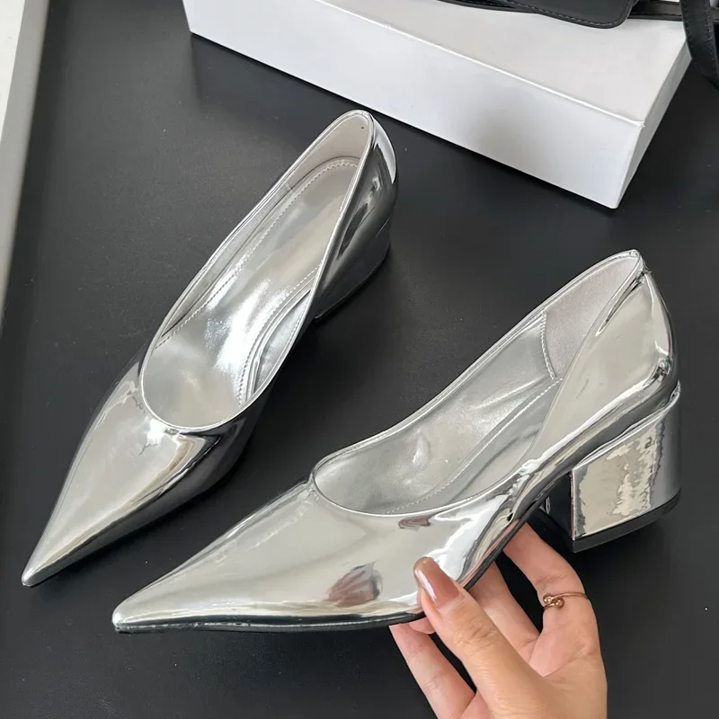 

Eilyken Fashion Patent Leather Pointed Toe Women Pumps Sandals Concise Shallow Thin Square Heels Office Work Casual Shoes