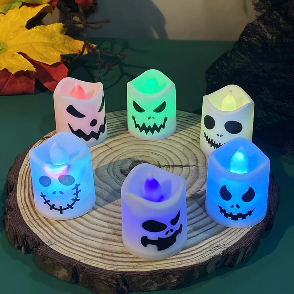 

12/24pcs Halloween Flameless Votive Candles 6 Creepy Faces Pattern Battery Powered Candle Lamp For Halloween Decoration