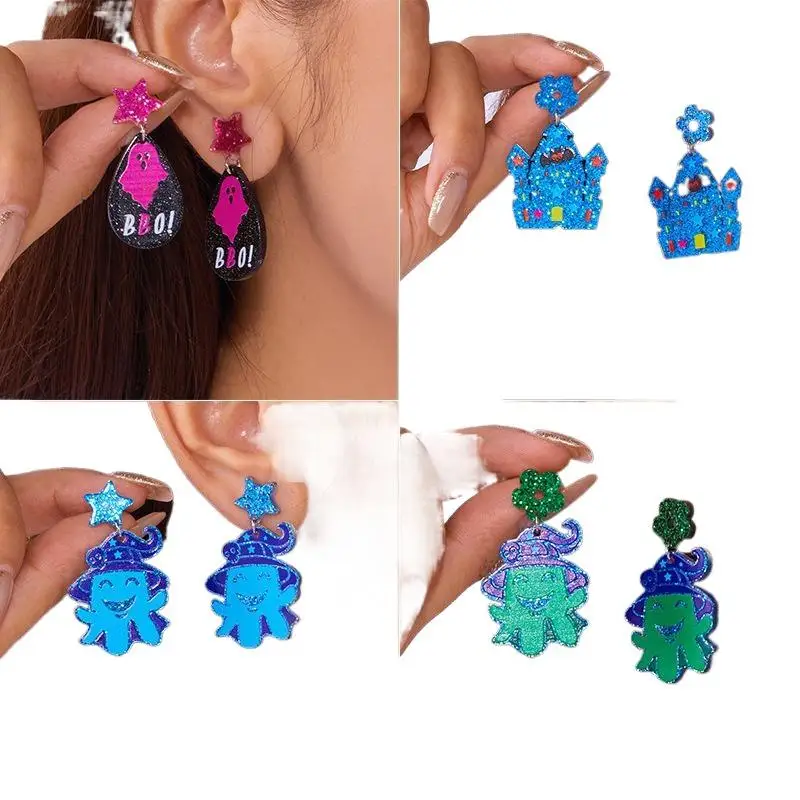 الأزياء الاكريليك الملونة هالوين وأقراط شبح اليقطين الجمجمة القلعة الراتنج استرخى الأذن قطرة النساء المجوهرات هدية #6