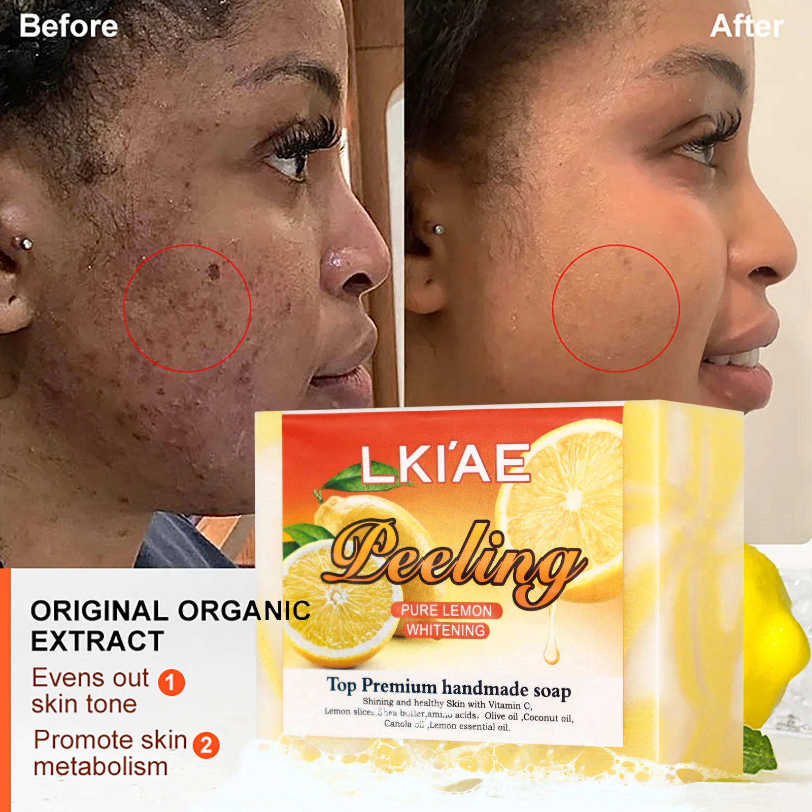 

LKIAE Pure Natural Lemon Cold Processed Soap Bar, Whitening, Oil Control, Reduce Acne, Dark Spots, For Face, Body, 150g/5.3 oz