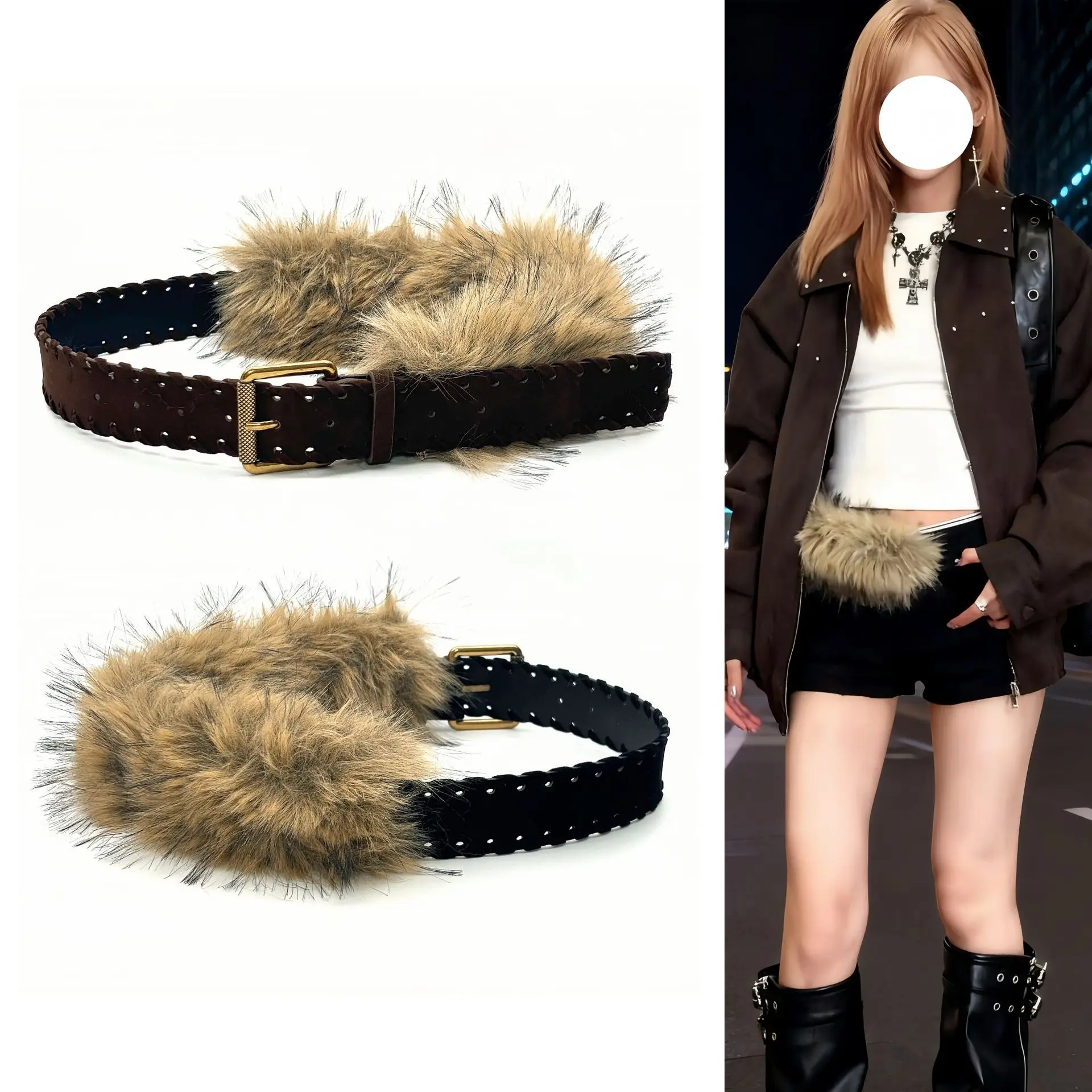 

Ретро американский панк-стиль плюшевый лоскутный ремень женский уникальный дизайн жилет юбка пояс