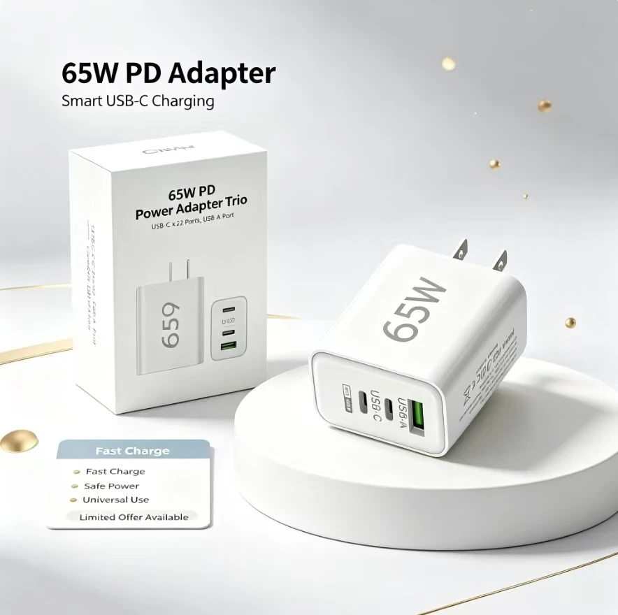 65W GaN Fast Charging Adapter US Plug, Dual Output USB‑C USB‑A Wall Charger Compact Travel Power Block For Smartphone Laptop