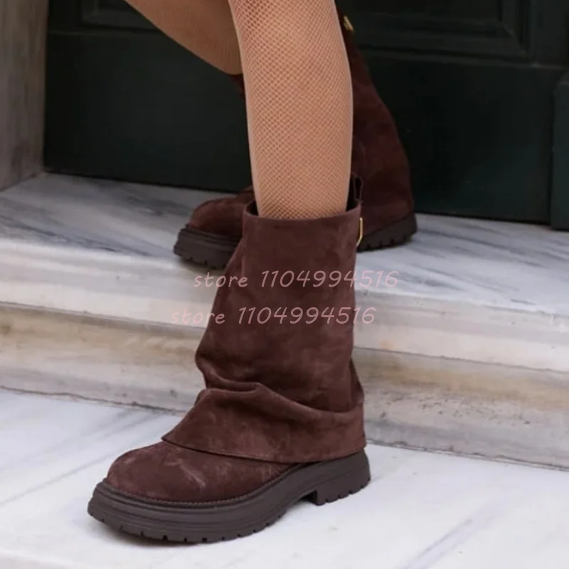 

Solid Suede Slip On Thick Soled Knee High Boots Women Round Toe Pleated Pants Boots Fashion Trendy Autumn Winter Ladies Footwear