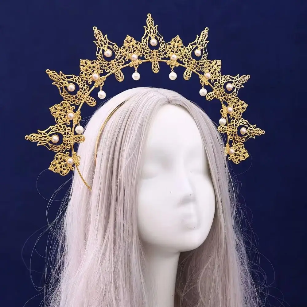 Gothic Gold Plated Halo Crown Vintage Baroque Baroque Tiara Headband Spike Design Exquisite Tiara Headpiece Artistic Photoshoot