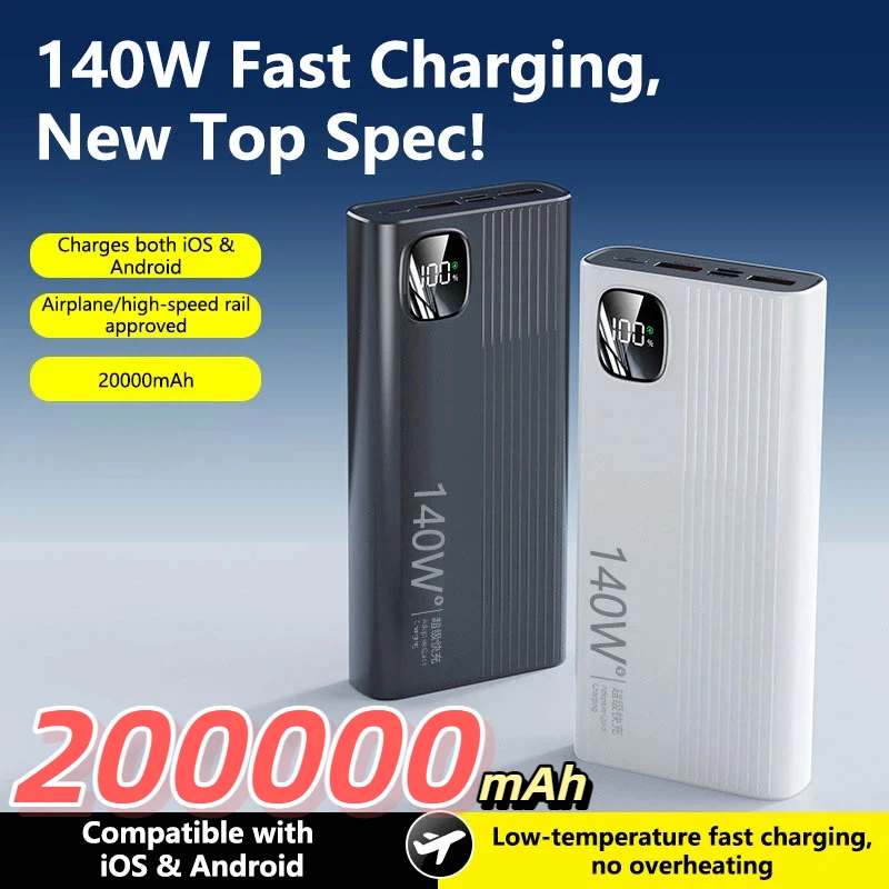 Nuevo Banco de Energía de 200000mAh, Cargador Portátil de Batería Externa con Carga Súper Rápida de 140W para iPhone, Huawei, Samsung, Xiaomi
