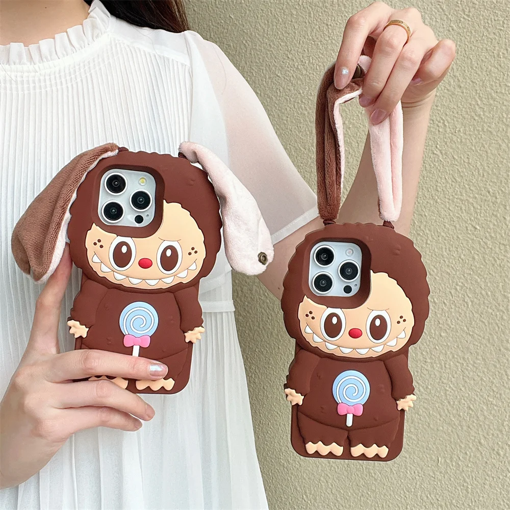 3D New Kawaii Labubu Phone Cases Cartoon Cute for iPhone 15 14 Plus 16 13 12 Pro Max 11 Anti-slip Soft Silicone Cover