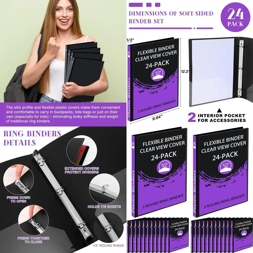 

24-Pack 1/2 Inch 3-Ring Black Plastic Binders with Clear View Covers for Home or Office Use