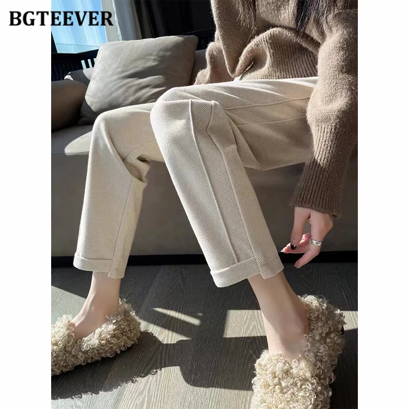 BGTEEVER Autumn Winter Woolen Pants Women Stylish High Waist Single Button Thicken Warm Striped Pencil Pants Ladies