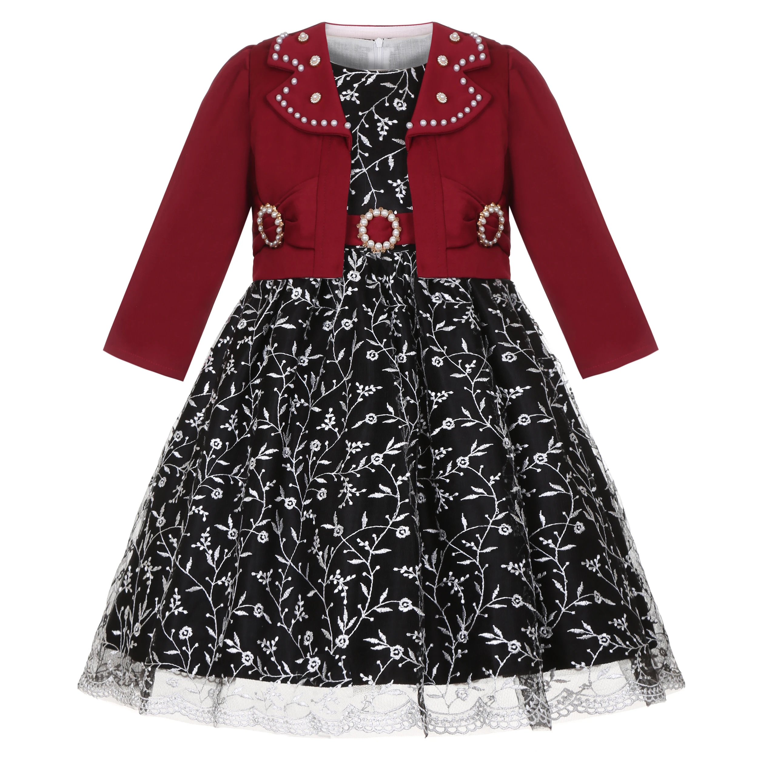 Girls' lace-edged blouse and skirt set with coat - a two-piece outfit for party, performance, wedding flower girl dress