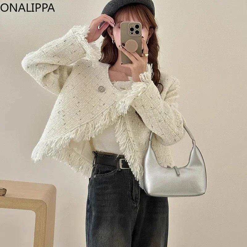 Onalippa One Button Tweed White Coat Women Small Fragrance Tassel Cropped Cardigan Korean Irregular Chic Design Loose Jackets