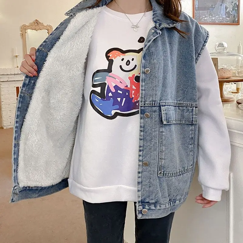 Denim Vest for Women Fleece Lined Thickened Workwear Jacket Casual Outerwear Autumn Winter