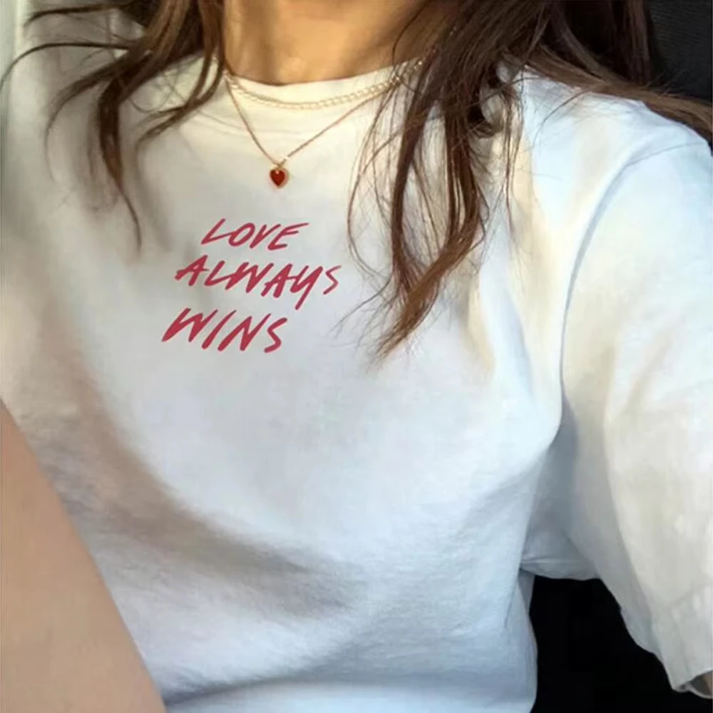 

Love Always Wins Letters Printing Couple T Shirts Summer White Loose Cotton Tops Tees Crewneck Short Sleeve Casual Shirts
