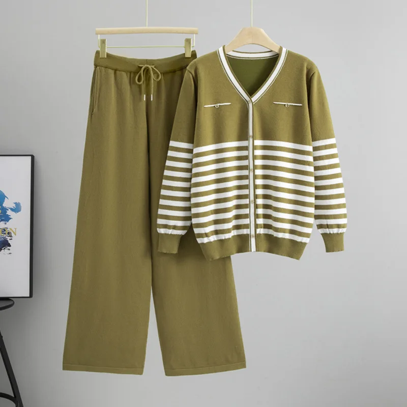 Primavera outono de malha 2 peça define feminino com decote em v listrado causal cardigan topo coreano solto cintura alta calças retas outfit novo b668