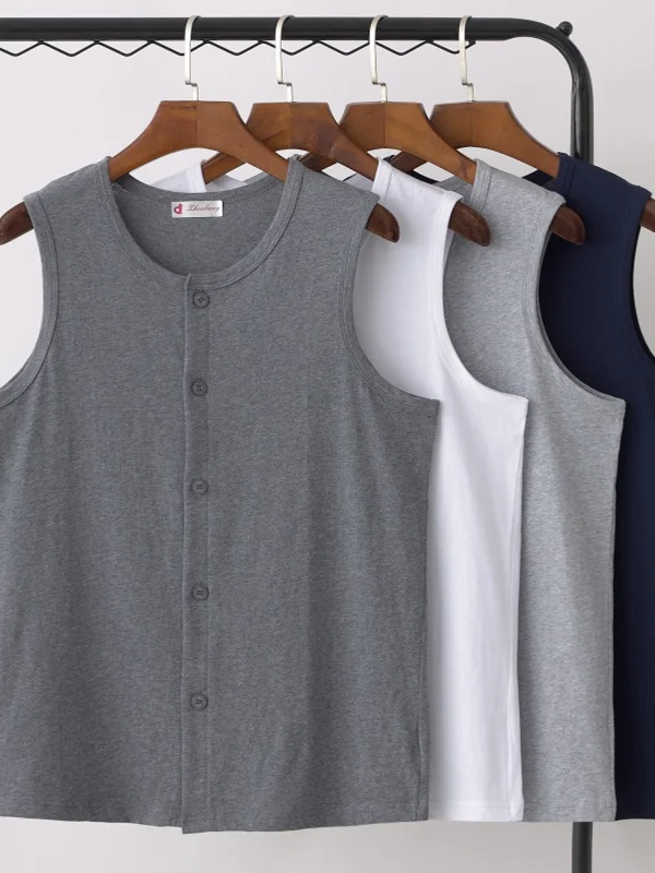 Men's Pure Cotton Vest Summer Thin Cardigan Grandpa Old Man Shirt Shoulder Pad Button up Sleepwear Large Size Sweatshirt
