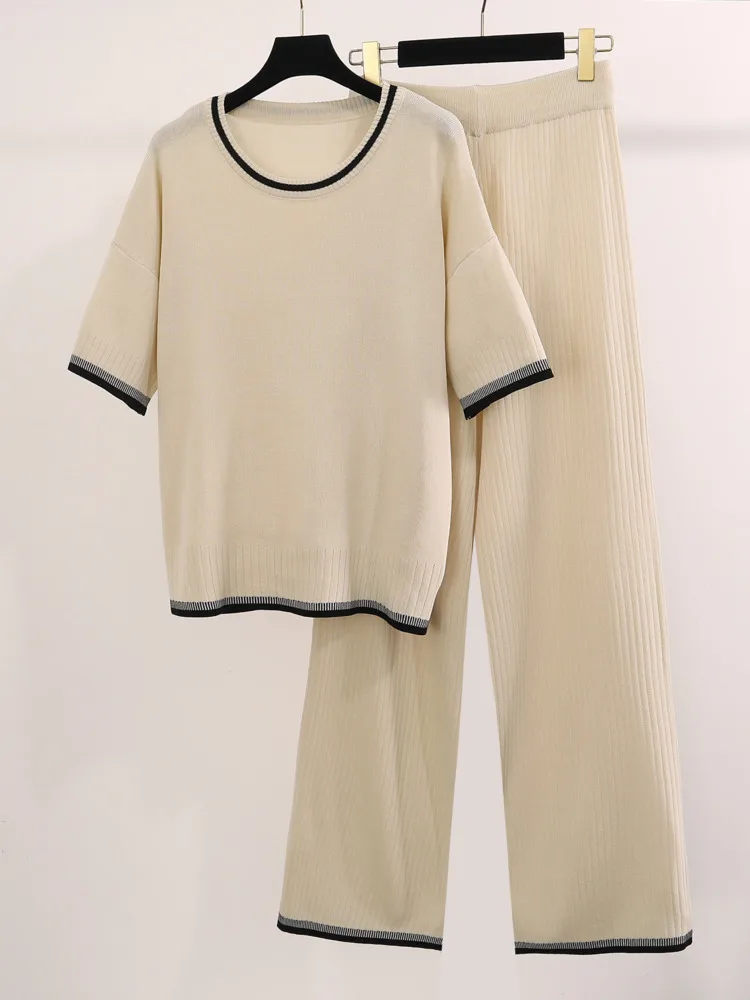 

Женский трикотажный комплект из двух предметов, повседневный трикотажный топ с коротким рукавом и круглым вырезом и брюки с широкими штанинами и высокой талией, лето 2024