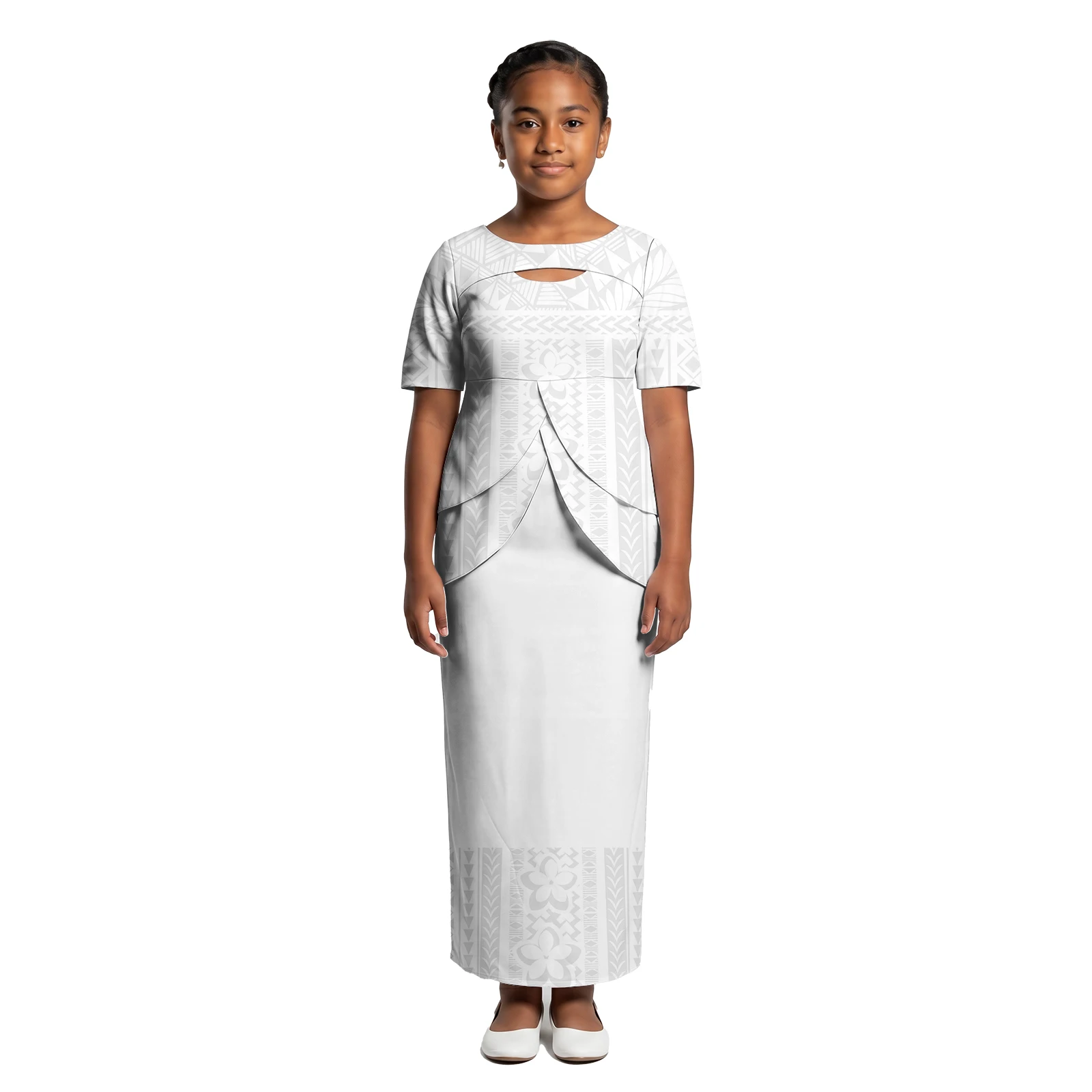 Flowers Design Children Double Layer Slit Top and Skirts Puletasi Tribal Samoan Puletasi 2 Piece Set White Sunday Girls Dresses