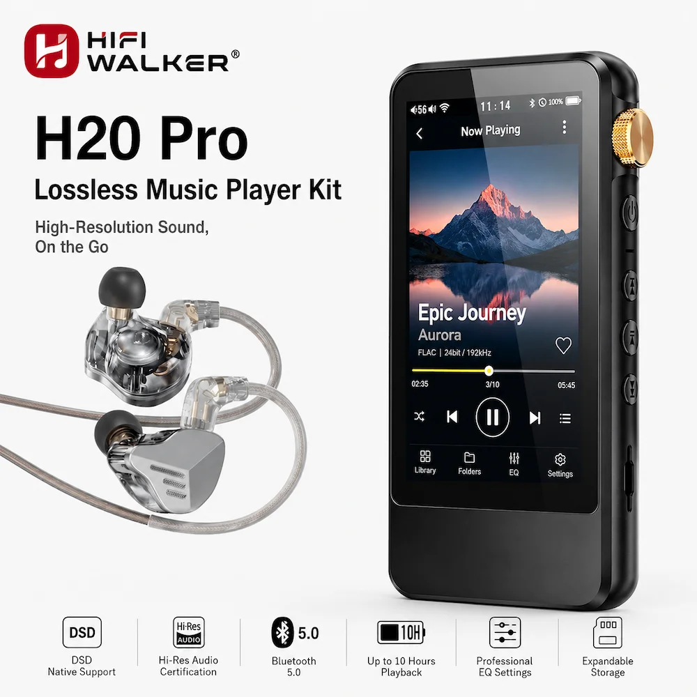 Hifi MP3 Music Player with Bluetooth Wifi Dual Flagship DAC Chip Native DSD256 Lossless Flac 128GB Storage, HiFi Walker H20 Pro
