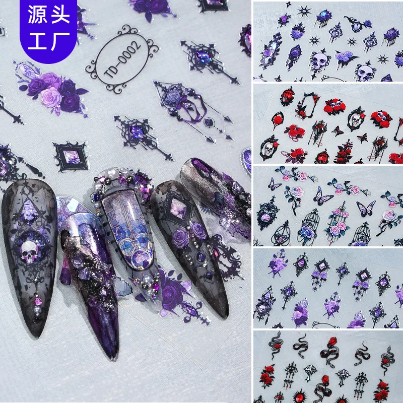 55D Halloween Punk Skull Nail Art Stickers Vintage Purple Pink Rose Nail Decals for Festival Party DIY Manicure Decoration