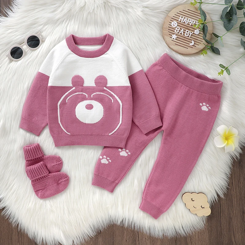 Baby Clothes Sets Knit Newborn Girl Long Sleeve Pullover Pants Shoes 3PC Cute Warm Infant Sweater Trousers Leggings Boots Autumn