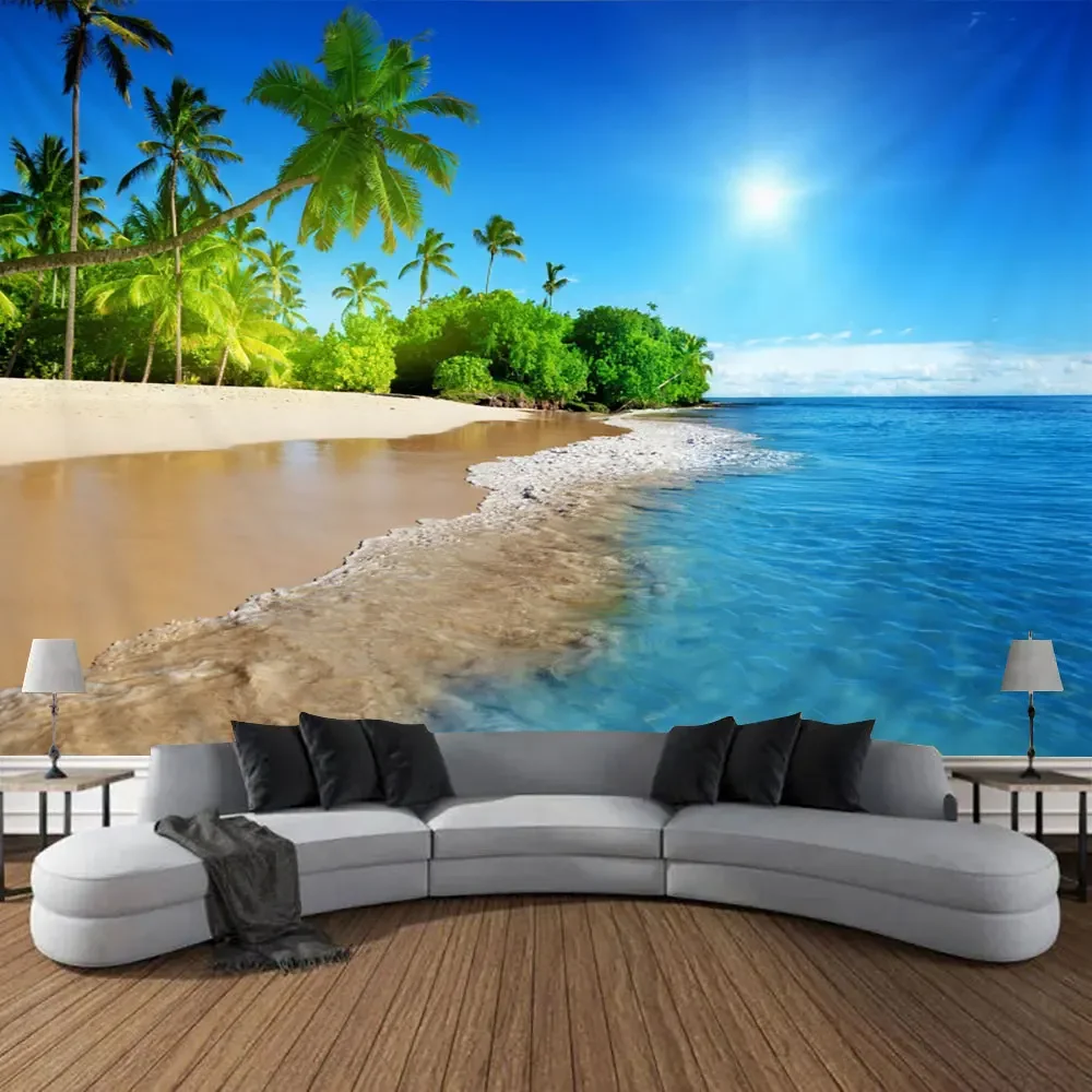 Seaside Outdoor Landscape Tapestry Blue Sky Beach Coconut Tree Tropical Nature Landscape Bedroom Wall Hanging Living Room Mural