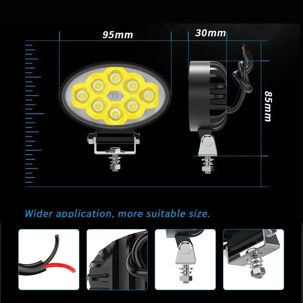 24W Oval LED Work Light DC9-36V Headlight For Loader Excavator Forklift Lighting Tractor Front Light Flood Spot Combo Beam
