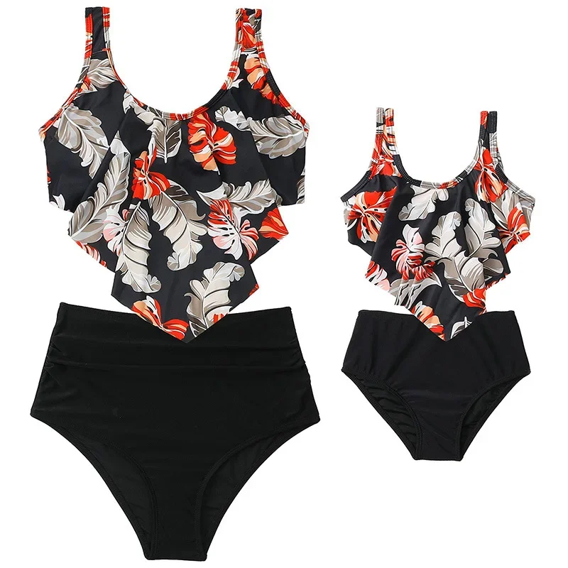 New High Waist Family Matching Swimwear Family Look Mother and Daughter Swimsuit Mom and Baby Girl Two Pieces Bikini Set