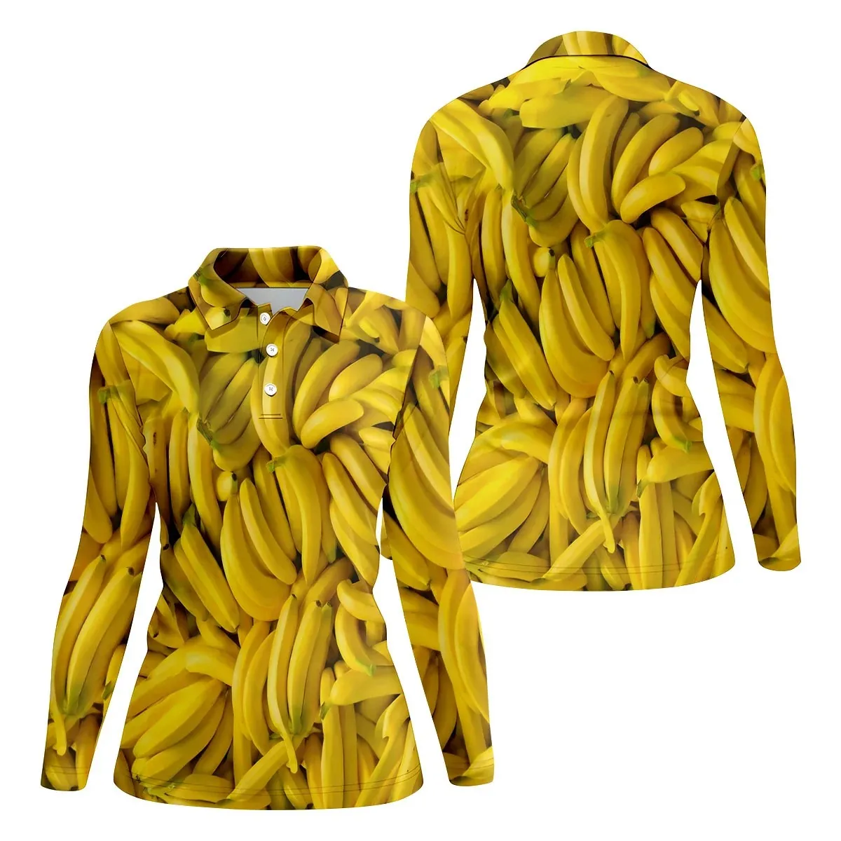 Women's Banana Print Polo Shirt Long Sleeve Casual Funny Fruit Graphic T Shirt Fashion Streetwear Top Daily Wear Blouse