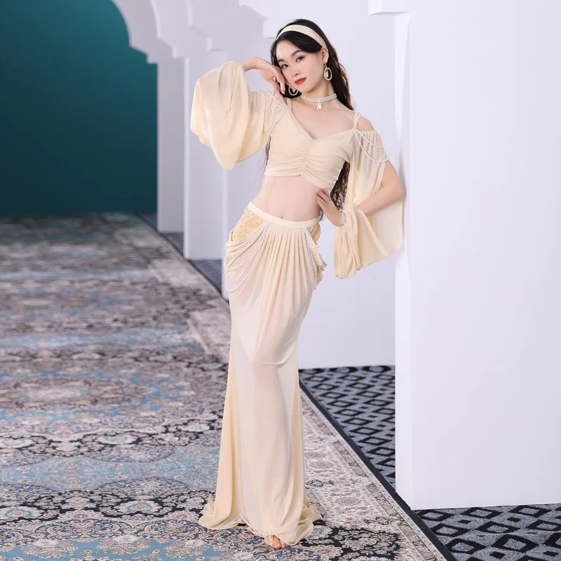 

Сексуальный костюм для танца живота для женщин, топ с длинными рукавами + юбка, комплект из 2 предметов, тренировочный костюм, комплект для выступлений, наряд для восточного танца